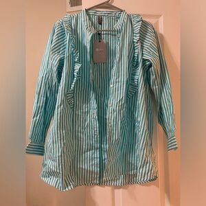 Brand new teal pinstriped button up with ruffles. Really cute + girly 4 summer!